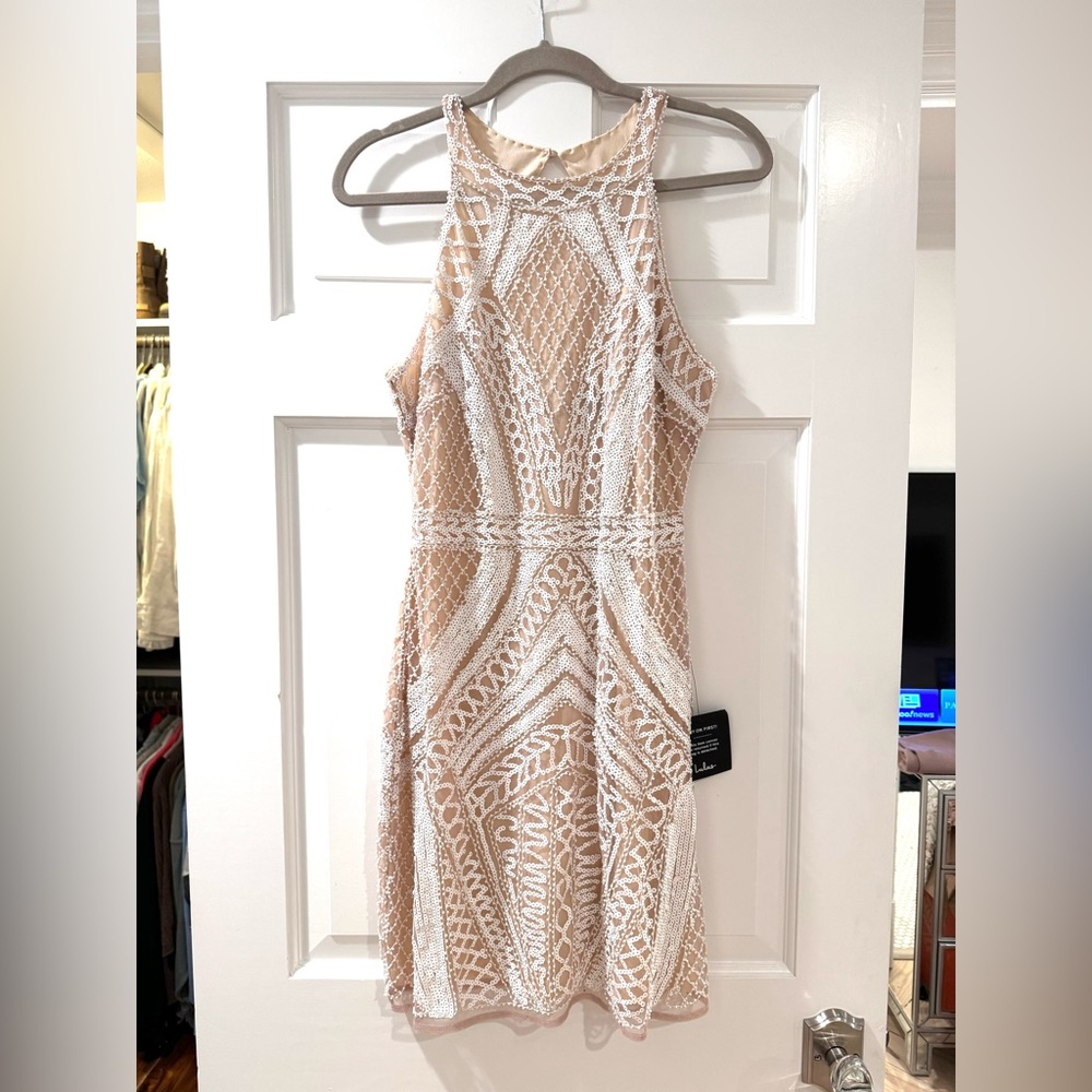 Lulus White and Nude Serving Looks Sequin Bridal Shower Cocktail dress sz large